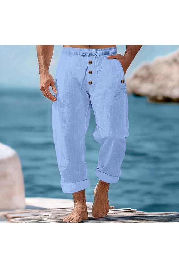 Mens Linen Pants Elastic Waist Drawstring Loose Fit Sweatpants Side Pockets Rolled Hem Button Detail Solid Color Quick Dry Lounge Trousers Trendy Man's for Casual Hangouts Light Blue XL