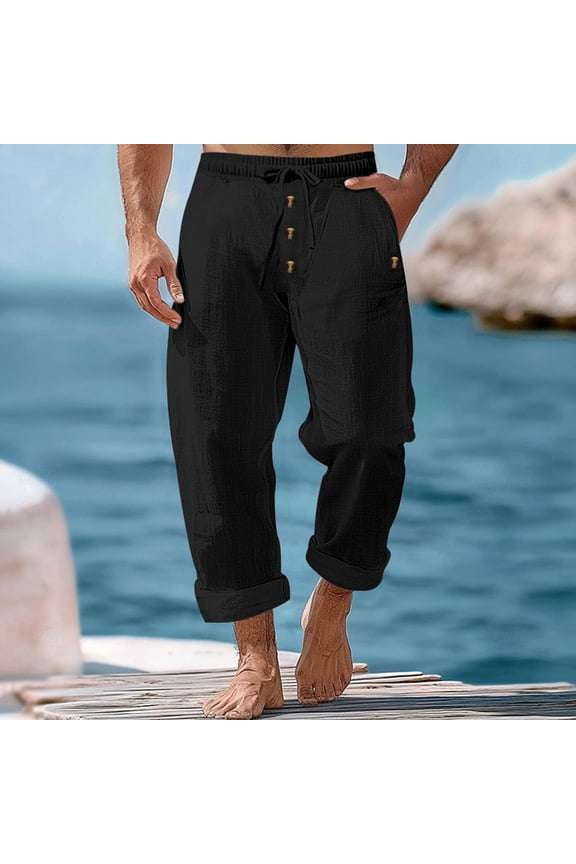 Mens Linen Pants High Waist Drawstring Loose Fit Casual Pants Pockets Rolled Hem Button Detail Solid Color Breathable Fabric Sport Pants Stylish Male for Summer Casual Hangouts Black L