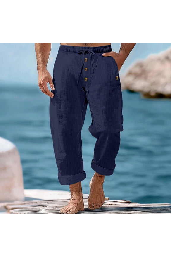 Mens Linen Pants High Waist Drawstring Loose Fit Casual Pants with Pockets Rolled Hem Button Solid Color Breathable Fabric Beach Pants Comfy Mans for Summer Leisure Wear Navy M