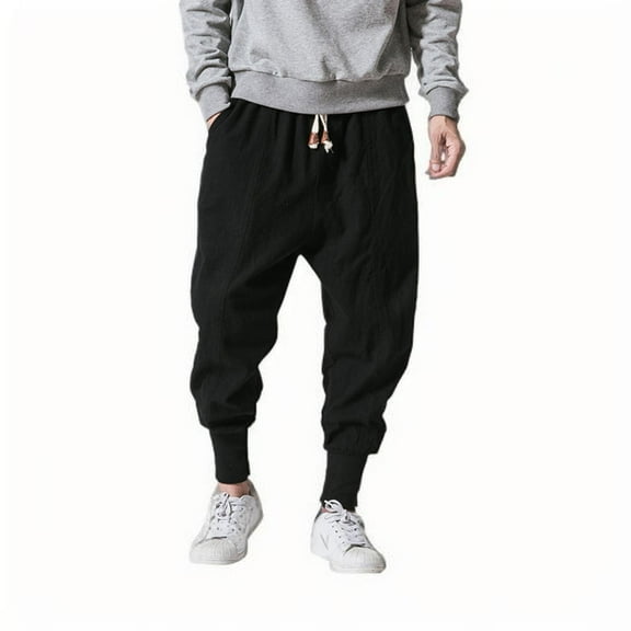 Sentmoon Mens Linen Pants High Waist Drawstring Loose Fit Wide Leg Casual Pants with Pockets Elastic Hem Solid Color Workout Pants Delightful Boys for Traveling or Casual Hangouts Black L