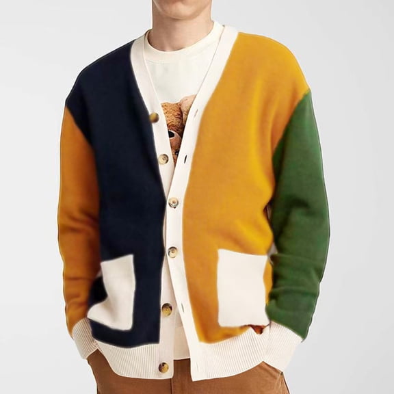 Sentmoon Mens Outfits Plus Size Loose Long Sleeve Travel Clothes Men V Neck Color Block Warm Mens T-Shirts Fall and Winter for Holiday Parties and Christmas Gatherings Yellow XXL