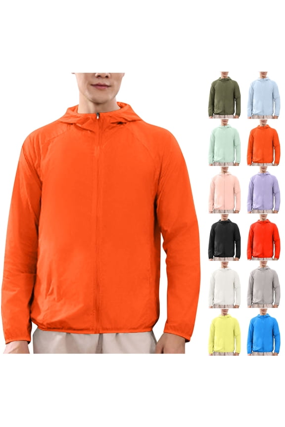 Mens Rashs Guard Long Sleeve Hooded Neck Jackets for Men Zipper Detail Solid Color Loose Sun Shirts for Men with Pockets Casual Summer for Tropical Vacation Orange L