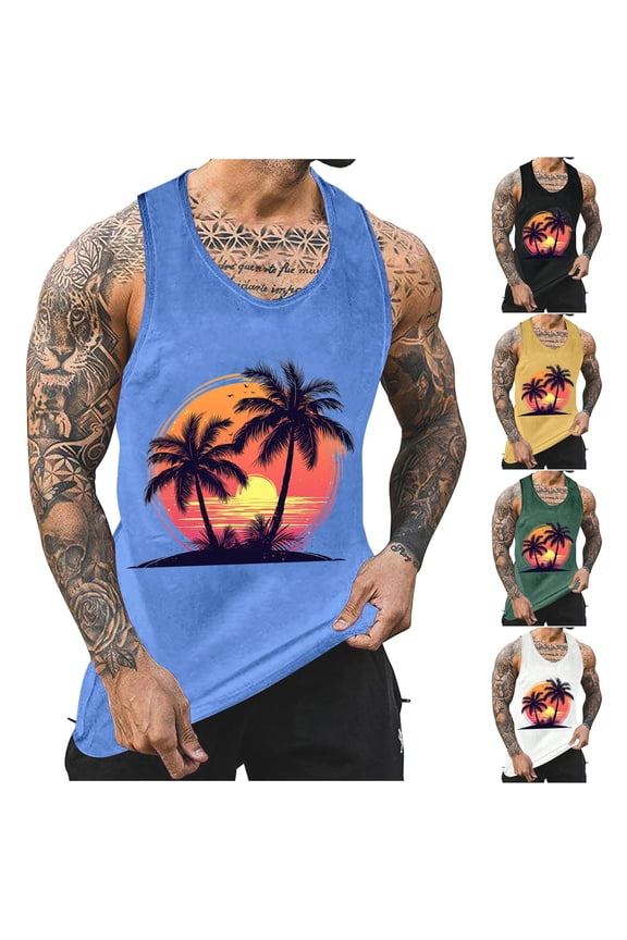 Mens Tank Tops Workout Summer Sleeveless Crew Neck Men's Undershirts Hawaiian Print Loose Fit Oversized Bodybuilding Mens Vests Outerwear Vacation for Summer Beach Days White L