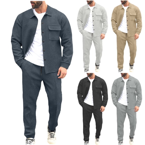 Sentmoon Mens Track Suits 2 Piece Set Mens Pants Men Clothes Men's Solid Color Sports Pants Snap Button Pocket Long Sleeve Turndown Collar Set for Weekend and Lounge Wear S