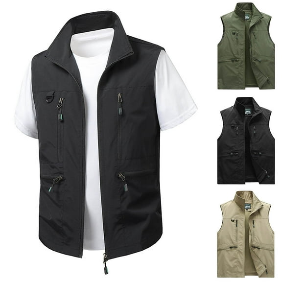 Sentmoon Mens Vests Outerwear Clothes Men's Casual Solid Plus Size Lightweight Stand Collar Multi Pocket Cargo Outdoor Sleeveless Jacket Gifts for Ladies for Lightweight Warmth and Layering Green L