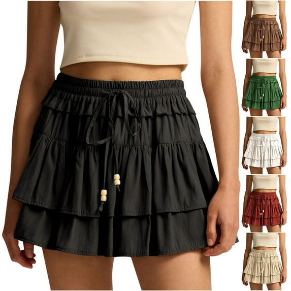 Sentmoon Mini Skirts for Women Plus Size Drawstring High Waist Boho Cute Skirts for Women Flowy Pleated Solid Color Loose Breathable Womens Skirts Summer Trendy for Christmas Dinner Red S