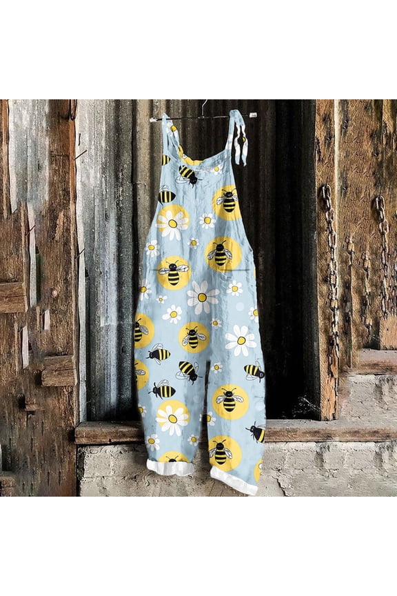 One Piece Jumpsuits for Women Bee Print Loose Wide Leg Summer Overalls Pockets Adjustable Thin Strap Crew Neck Sleeveless Rompers Bee Festival Ladies for City Sightseeing Yellow L