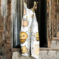 Sentmoon One Piece Jumpsuits for Women Bee Print Loose Wide Leg Summer Overalls Pockets Spaghetti Strap Crew Neck Sleeveless Oversized Outfits Bee Festival Casual Lady for Music Festival Yellow S