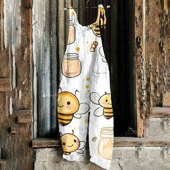Sentmoon One Piece Jumpsuits for Women Bee Print Loose Wide Leg Summer Overalls Pockets Spaghetti Strap Crew Neck Sleeveless Oversized Outfits Bee Festival Casual Lady for Music Festival Yellow XXL