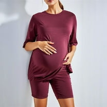Sentmoon Outfits for Women 2 Piece Sets Pregnancy Clothes and Pajama Shorts Plus Size Crew Neck Breathable Maternity Tshirt Solid Color Short Sleeve Nursing Shirts for Postpartum Wear Red L