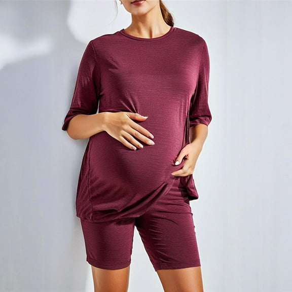 Sentmoon Outfits for Women 2 Piece Sets Pregnancy Clothes and Pajama Shorts Plus Size Crew Neck Breathable Maternity Tshirt Solid Color Short Sleeve Nursing Shirts for Postpartum Wear Red L