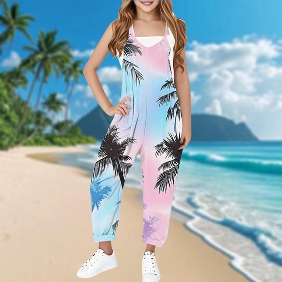 Sentmoon Overalls for Girls Spaghetti Strap Sleeveless Regular Jumpsuits V Neck Hawaiian Palm Tree Print Summer Outfits with Pockets Stylish Girls for Music Festival Light Blue 5 Years