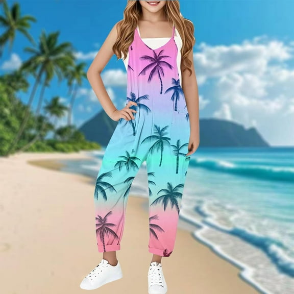 Sentmoon Overalls for Girls Thin Strap Sleeveless Regular Jumpsuits V Neck Hawaiian Tropical Print Summer Rompers with Pockets Stylish Child for Lounge at Home Pink 7 Years