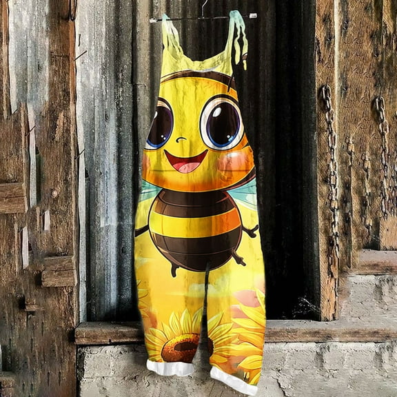 Sentmoon Overalls for Women Bee Print Loose Wide Leg Summer Rompers Side Pockets Adjustable Spaghetti Strap Crew Neck Sleeveless Bib Jumpsuits Bee Festival Lady for Music Festival Yellow XL