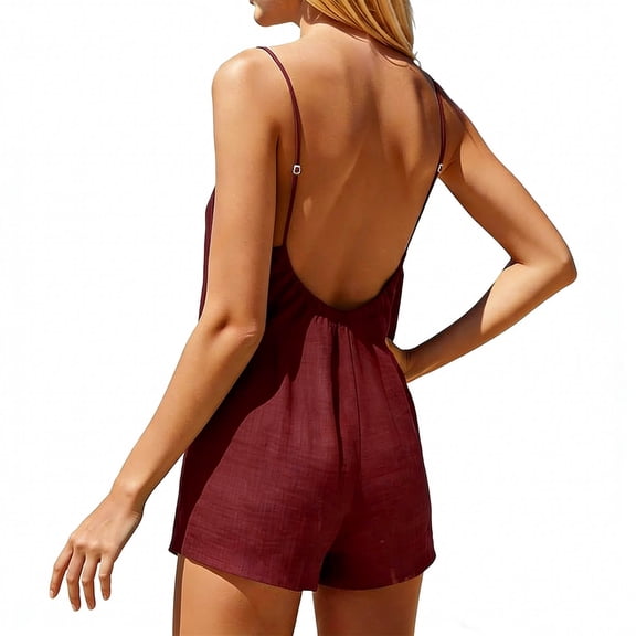 Sentmoon Overalls for Women Shorts Sleeveless V Neck Woman Summer Outfits Pleated Linen Loose Fit Spaghetti Strap Women Rompers Summer for Lounge and Relax S-2XL