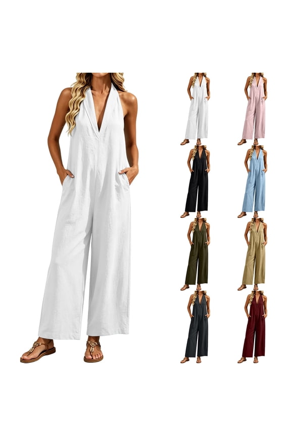 Overalls for Women Sleeveless V Neck Womens Outfits Dressy Casual Solid Color Linen Loose Fit Womens Dressy Jumpsuit Summer for Date Night and Dinner S-3XL