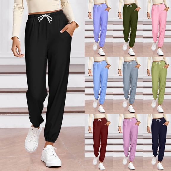 Sentmoon Pajama Pants Womens Dress Pants Fashion Women's Solid Color Stretch Waist Strap Drawstring Pocket Pants Long Pants Home Wear Fall and Winter for Outdoor Activities and Hiking M