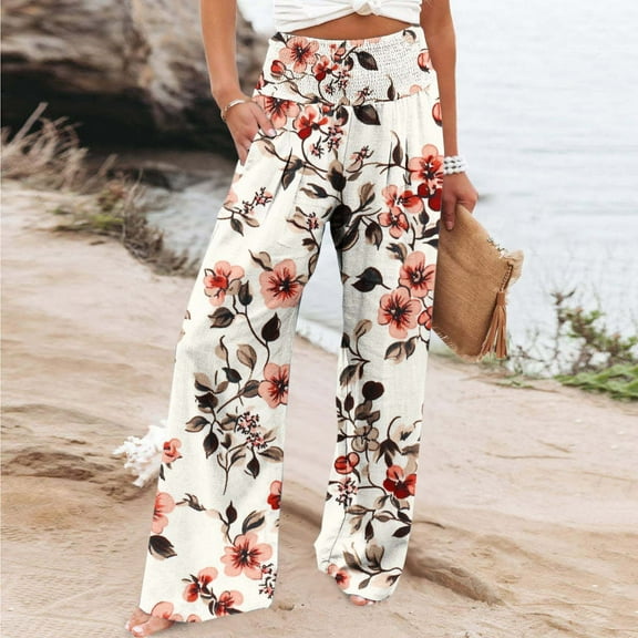 Sentmoon Palazzo Pants for Women Elastic Waist Boho Floral Print Summer Baggy Trouser Loose Fit Wide Leg with Pockets Lightweight Beach Pants Stylish Women for Weekend Outings Multicolor L