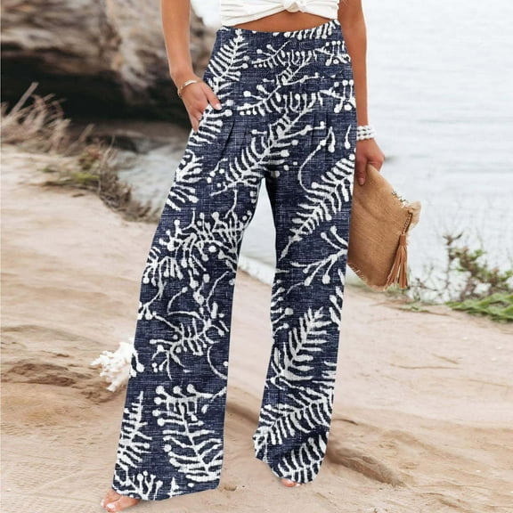 Sentmoon Palazzo Pants for Women High Waist Boho Leaf Print Summer Casual Pants Straight Fit Wide Leg with Pockets Lightweight Beach Pants Casual Teen Girls for Casual Hangouts Multicolor XXL