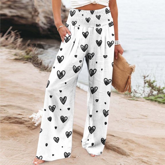 Sentmoon Palazzo Pants for Women High Waist Boho Love Print Summer Casual Pants Loose Fit Wide Leg with Pockets Quick Dry Beach Pants Comfy Lady for Leisure Wear Multicolor XL