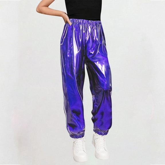 Sentmoon Pants for Girls High Waist Sweatpants Elastic Hem Shiny Leather Slim Wide Leg Solid Color Casual Pants Trendy Children for Sports Dance Running Blue 6 Years