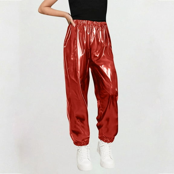 Sentmoon Pants for Girls High Waist Sweatpants Elastic Hem Shiny Leather Slim Wide Leg Solid Color Casual Pants Trendy Children for Sports Dance Running Red 15 Years