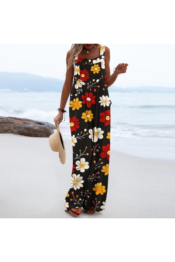 Pants Rompers for Women Boho Floral Print Loose Wide Leg Overalls Side Pockets Spaghetti Strap Square Neck Sleeveless Bib Jumpsuits Summer Comfy Women for Tropical Vacation Red XXL