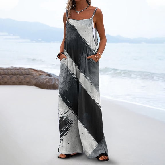 Sentmoon Pants Rompers for Women Graphic Print Loose Wide Leg Oversized Overalls with Pockets Spaghetti Strap Square Neck Sleeveless Bib Jumpsuits Summer Comfy Lady for Music Festival Gray M