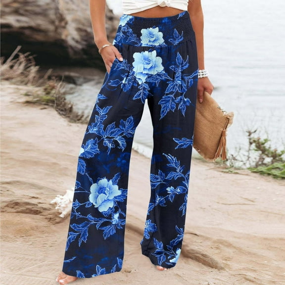 Sentmoon Pants for Women Elastic Waist Boho Flower Print Summer Baggy Pants Loose Fit Wide Leg with Pockets Lightweight Palazzo Pants Trendy Womens for Leisure Wear Multicolor XXL