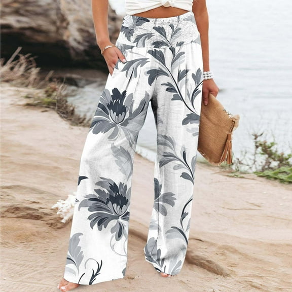 Sentmoon Pants for Women Elastic Waist Boho Flower Print Summer Beach Pants Straight Fit Wide Leg with Pockets Quick Dry Palazzo Pants Trendy Womens for Casual Hangouts Multicolor L