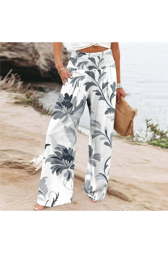 Pants for Women Elastic Waist Boho Flower Print Summer Beach Pants Straight Fit Wide Leg with Pockets Quick Dry Palazzo Pants Trendy Womens for Casual Hangouts Multicolor L