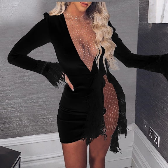 Sentmoon Patchwork Black Dresses for Women Long Sleeve V Neck Holiday Dresses for Women Casual Fashion Mesh Solid Color Short Dresses,Plus Size Comfy Womens Fashion Black L