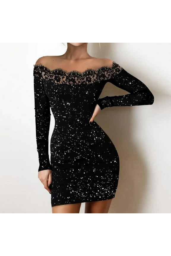 Patchwork Cocktail Long Sleeve Holiday Dresses for Women Slim Bodycon Lace Short Dresses,OverSized Trendy Womens Fashion Black XL