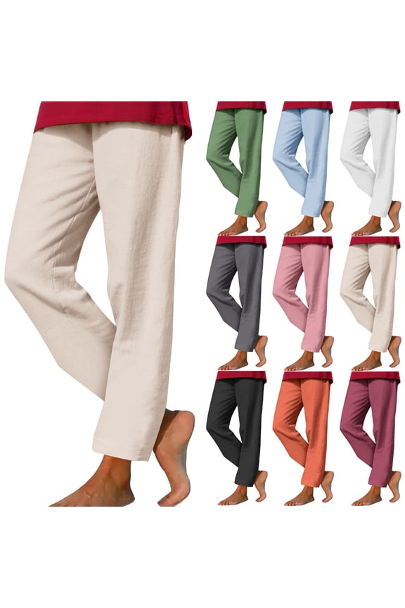 Petite Linen Pants for Women Solid Color Drawstring High Elastic Waist Loose Pants for Women Plus Size Summer Flowy Pants with Pocket Beach Necessities for Working Out and Gym