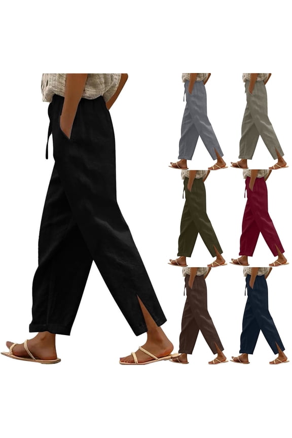 Petite Wide Leg Pants for Women Solid Color Drawstring High Elastic Waist Boho Pants for Women Oversized Relaxed Fit Summer Women Linen Pants for Everyday Casual Wear