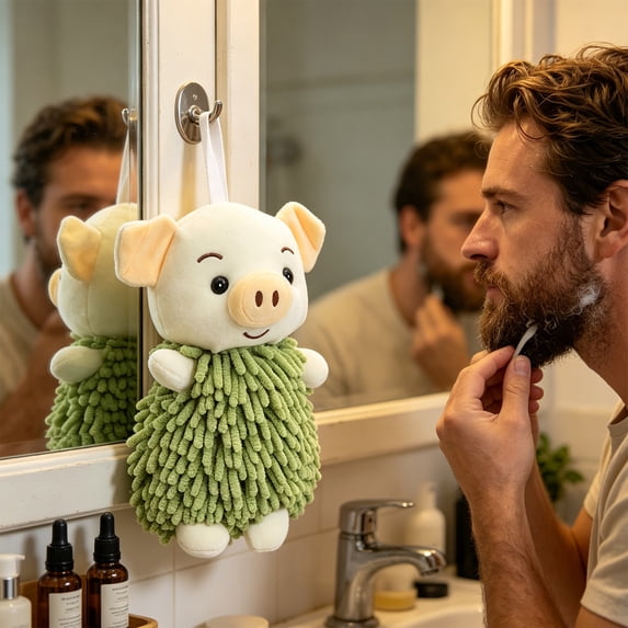 Sentmoon Pig Cartoon Hanging Hand Towel Plush Multi-Functional Animal Shaped Absorbent Chenille Hand Wipe Towel with Loop for Kitchen Bathroom Gym Travel Cute Vanity Accessory