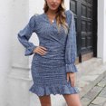 thumbnail image 1 of Sentmoon Pleated Womens Dresses Flared Sleeves V Neck Dresses for Women Ruffle Bodycon Chiffon Floral Print Short Dresses,OverSized Stylish A-line Dresses Dark Blue L, 1 of 7