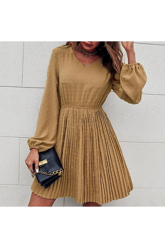 Pleated Womens Dresses Long Sleeve V Neck Dresses for Women 2024 Fitted Waist Fashion Solid Color Short Dresses,Plus Size Fashion A-line Dresses Brown S