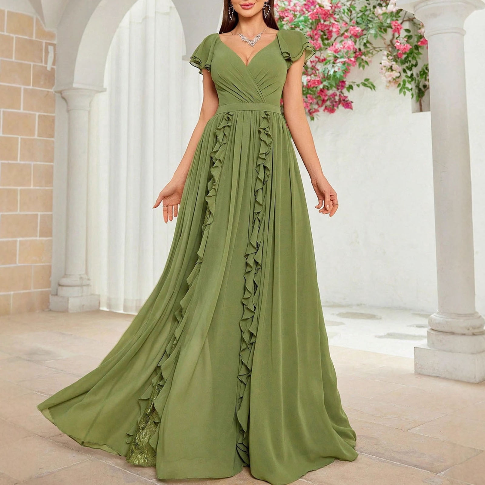 Sentmoon Plus Size Beach Dress Fashion Sleeveless V Neck Womens Sun Dress 2026 Summer Ruffle Regular Fit Casual Dresses for Women for Lounge and Relax Green S