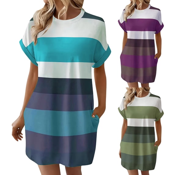 Sentmoon Plus Size Beach Dress with Pockets Striped Print Long Dresses Short Sleeve Loose Fit Casual Beach Accessories Must Haves Boho Dresses for Women for Summer and Hot Weather Green XL