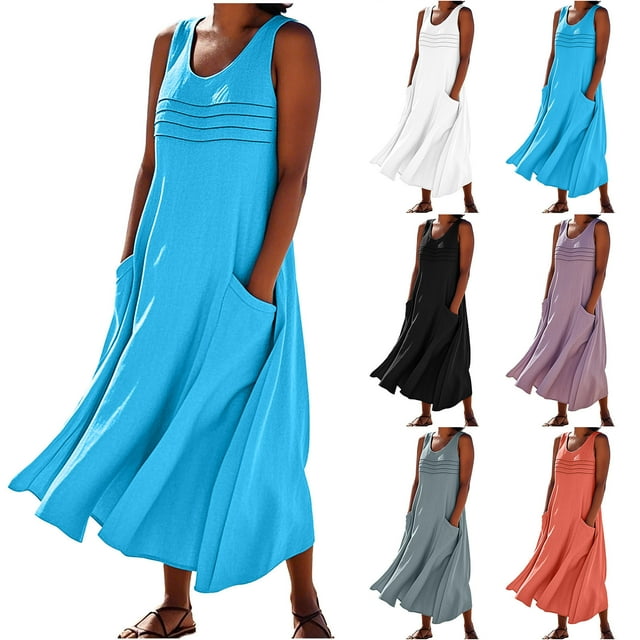 Sentmoon Plus Size Dress with Pockets Crew Neck Cocktail Dresses for Women Solid Color Summer Relaxed Sleeveless Linen Dress Trendy for Lounge at Home M