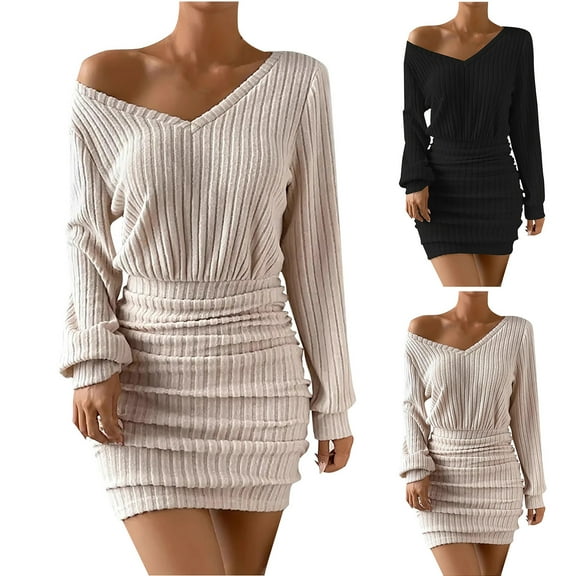 Sentmoon Plus Size Dresses for Curvy Women Long Sleeve Crew Neck Prom Dresses Solid Color Slim Breathable Bodycon Dresses for Women Trendy for Winter Business Travel S