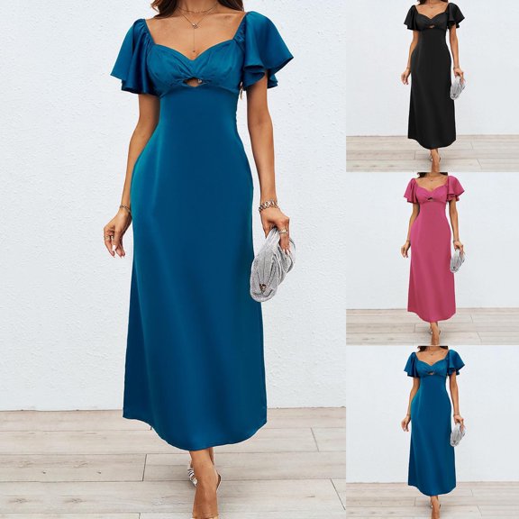 Sentmoon Plus Size Dresses Short Sleeve V Neck Maxi Dresses for Women 2026 Summer Solid Color Slim Fit Breathable Work Dress for Wedding Guest for Going Out and Party XL