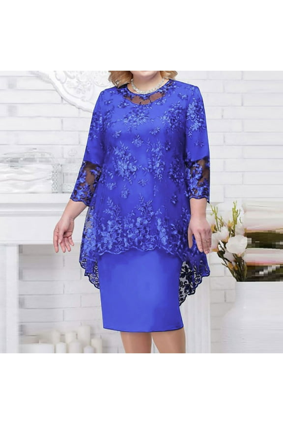 Plus Size Evening Gowns for Women Formal Dresses for Women Slim Elegant Lace Short Dresses,Fit & Flare Casual Womens Fashion Blue M