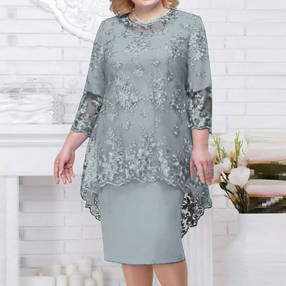 Sentmoon Plus Size Evening Gowns for Women Formal Holiday Dresses for Women Slim Elegant Lace Short Dresses,Loose Flowy Trendy A-line Dresses Gray XXL