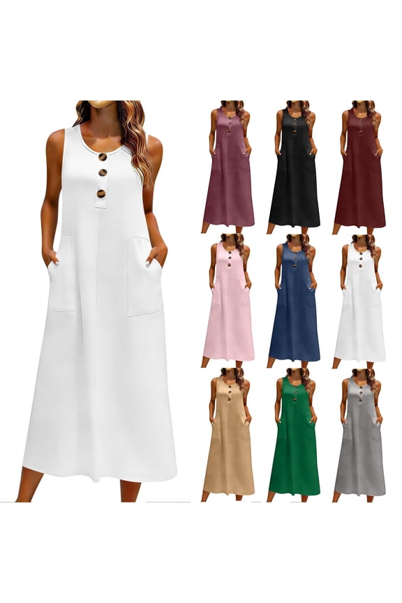 Plus Size Formal Dresses for Women Sun Dress Plus Size 2026 Summer Solid Color Sleeveless Button Down Breathable Regular Fit Beach Dress with Pockets for Work and Office