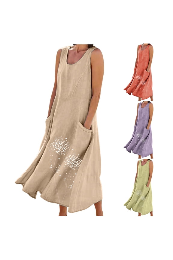 Plus Size Mini Dress Crew Neck Sleeveless Linen Maxi Dress with Print Relaxed Fit Summer Womens Maxi Dress Comfy Beach Essentials for Family for Travel and Outdoor Orange XXXXXL
