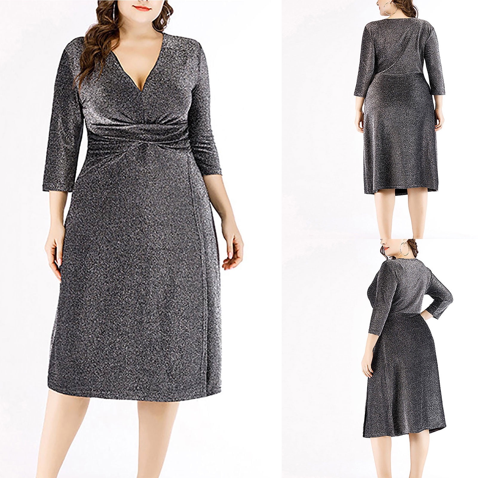 Sentmoon Plus Size Womens Dresses Elbow-length V Neck Fall Dresses for Women 2024 Sequins Fashion Midi Dresses,Plus Size Workout Womens Fashion Silver XXXL