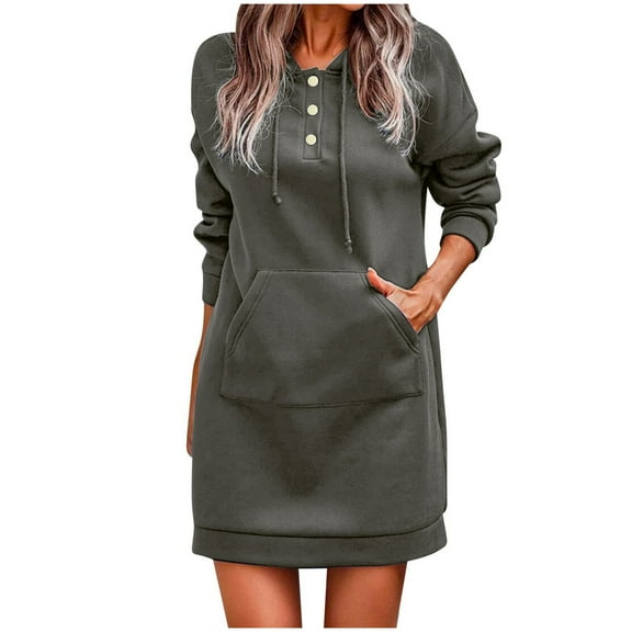 Sentmoon Pocket Sweatshirt Dress Long Sleeve Holiday Dresses for Women Hoodies Fashion Solid Color Short Dresses,Plus Size Stylish A-line Dresses Dark Gray L