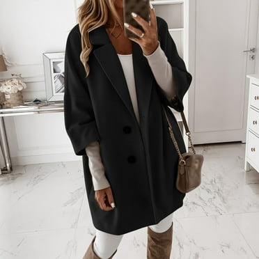 Sentmoon Pockets Womens Coats Wool 3/4 Sleeve Lapel Regular Coats for Women,Button Fashion Casual Jacket Tops Loose Fit Coats Black S Up to 50% off